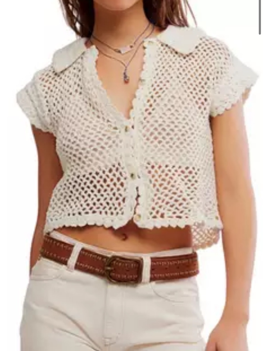Free people Handmade Cream Crochet Short-Sleeve Cardigan